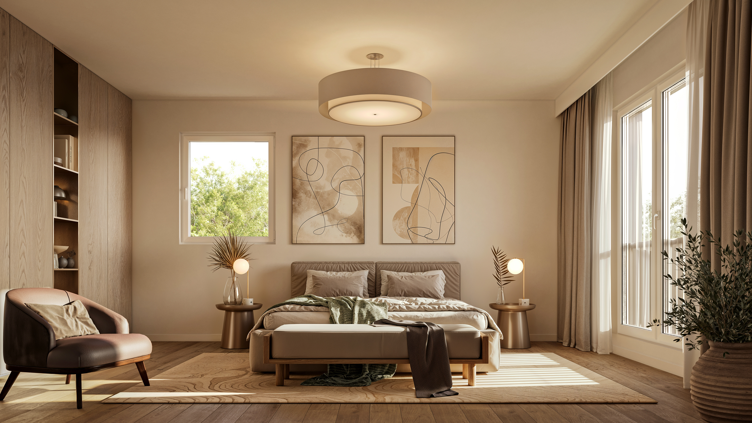 Ruhiges Schlafzimmer mit natürlichen Materialien in Schönbrunner 4